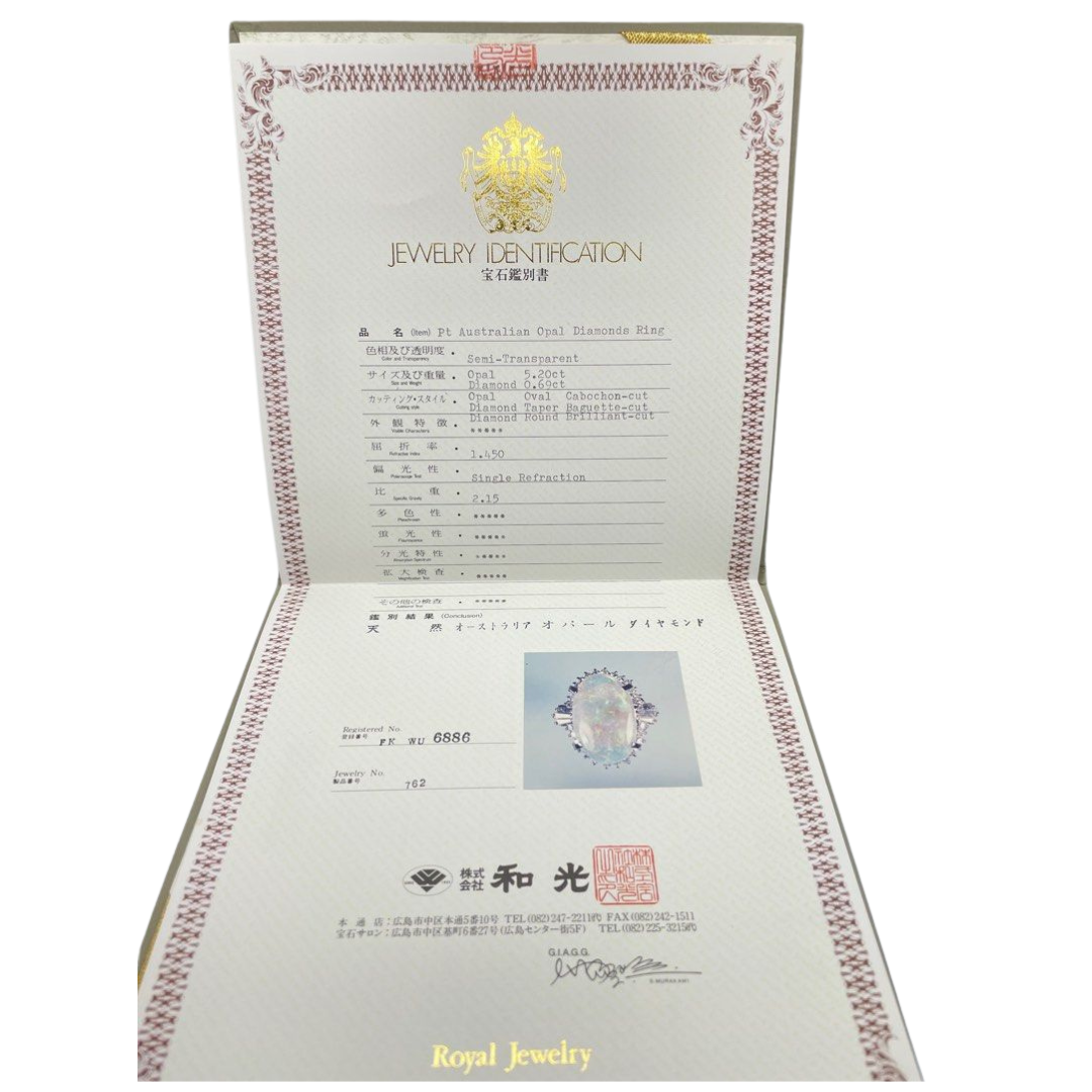 PT900 Natural Opal & Diamond Ladies Ring w/Cert
