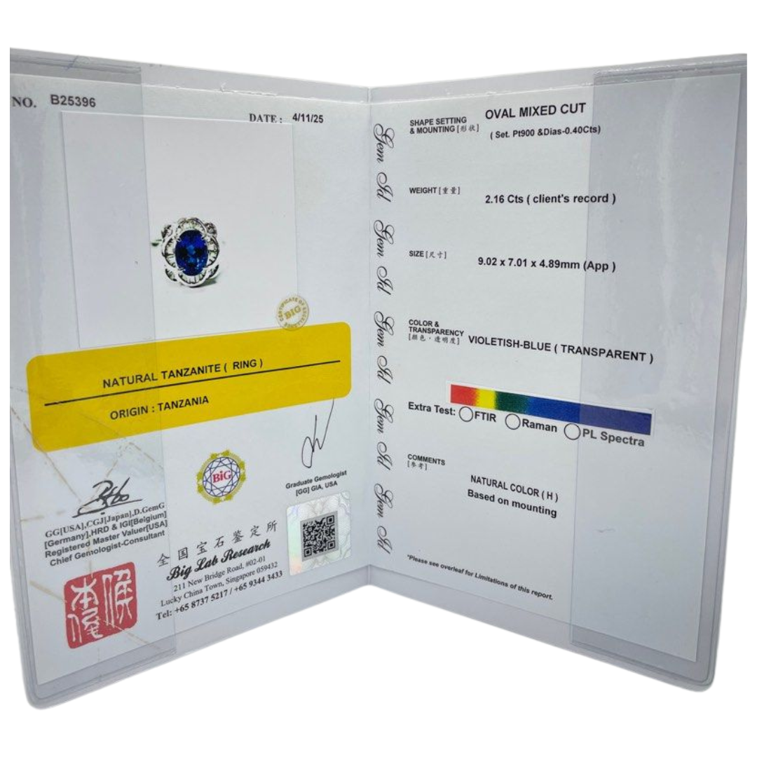 PT900 Natural Tanzanite & Diamond Ring