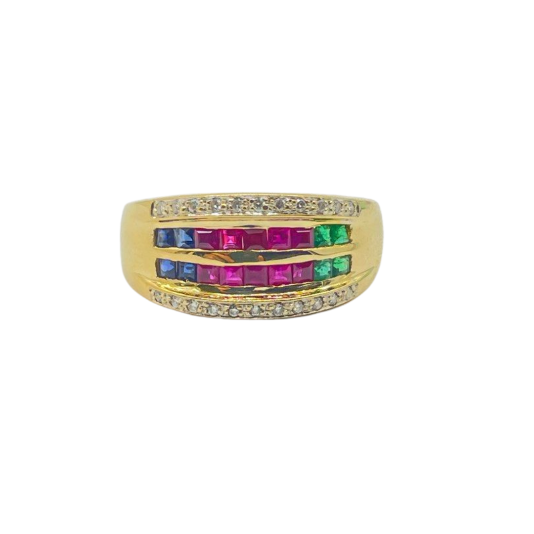 750 Yellow Gold Natural Diamond, Sapphire, Ruby, Emerald Ring