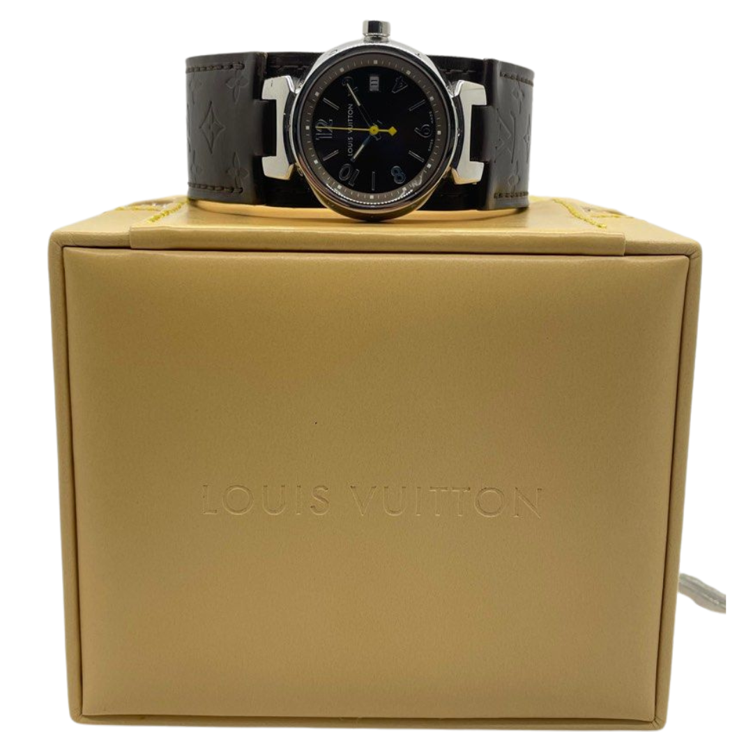 Louis Vuitton Q1211 Tambour 28mm Quartz Brown Dial Leather Strap Watch