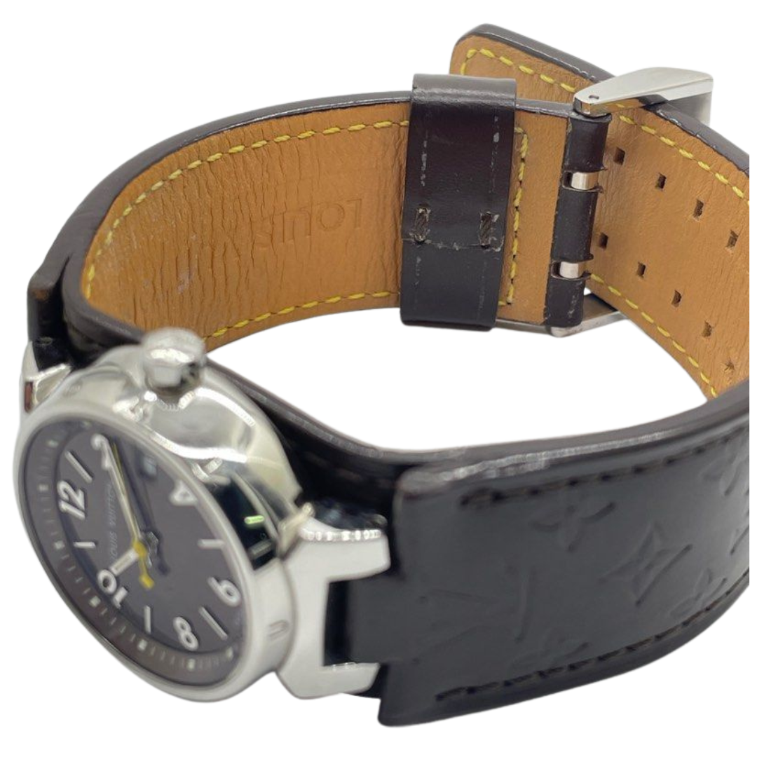Louis Vuitton Q1211 Tambour 28mm Quartz Brown Dial Leather Strap Watch