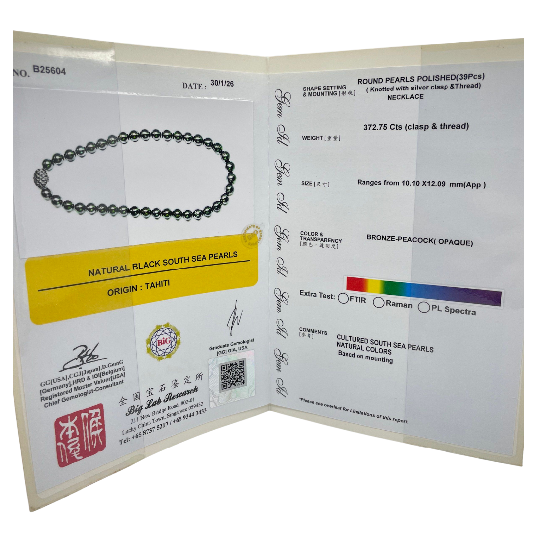 Natural Black South Sea Pearl (Tahiti) Necklace, Silver Clasp w/Cert