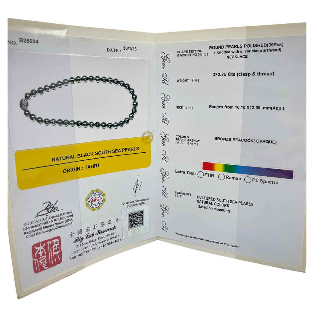 Natural Black South Sea Pearl (Tahiti) Necklace, Silver Clasp w/Cert