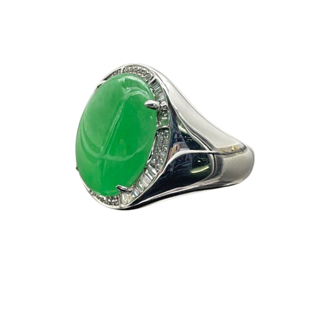 750 White Gold Jade (Type-A) & Diamond Men’s Ring with Cert