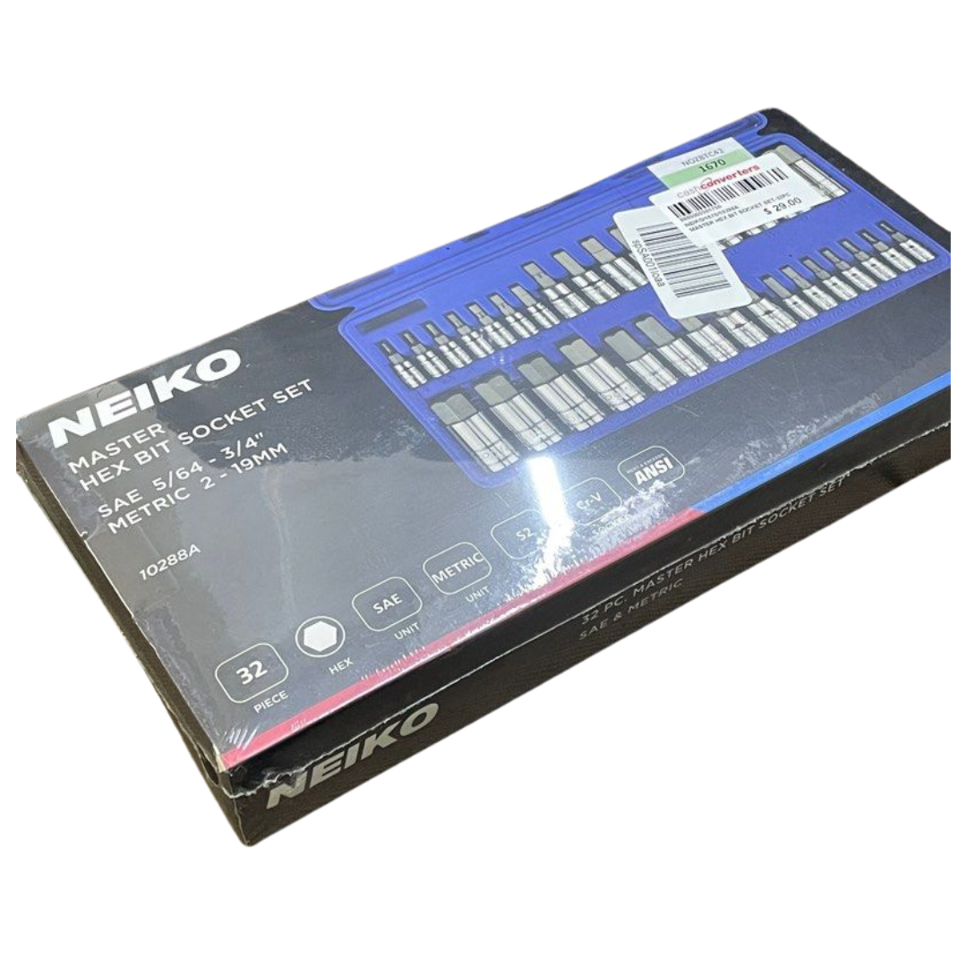 Neiko 10288A Allen Hex Bit Socket Set, 32 Piece SAE and Metric Allen Socket Set, Allen Head Hex Key Socket Set Made with S2 Steel