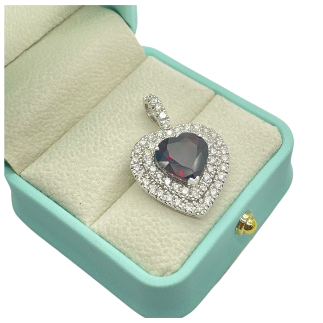 Natural Garnet & Diamond Pendant set in 750 White Gold