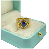 18K Yellow Gold Blue Sapphire & Diamond Men’s Ring