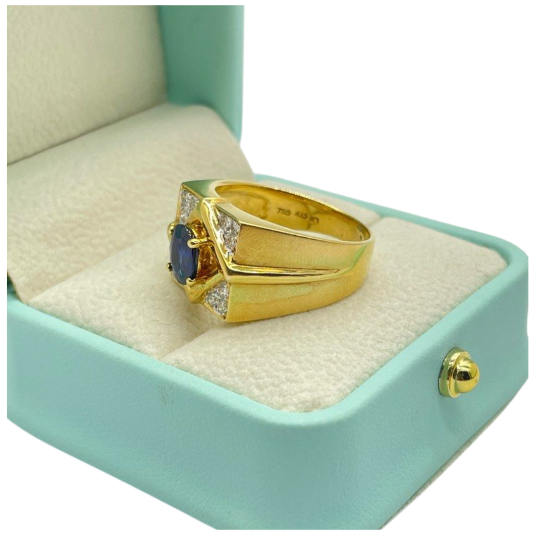 18K Yellow Gold Blue Sapphire & Diamond Men’s Ring