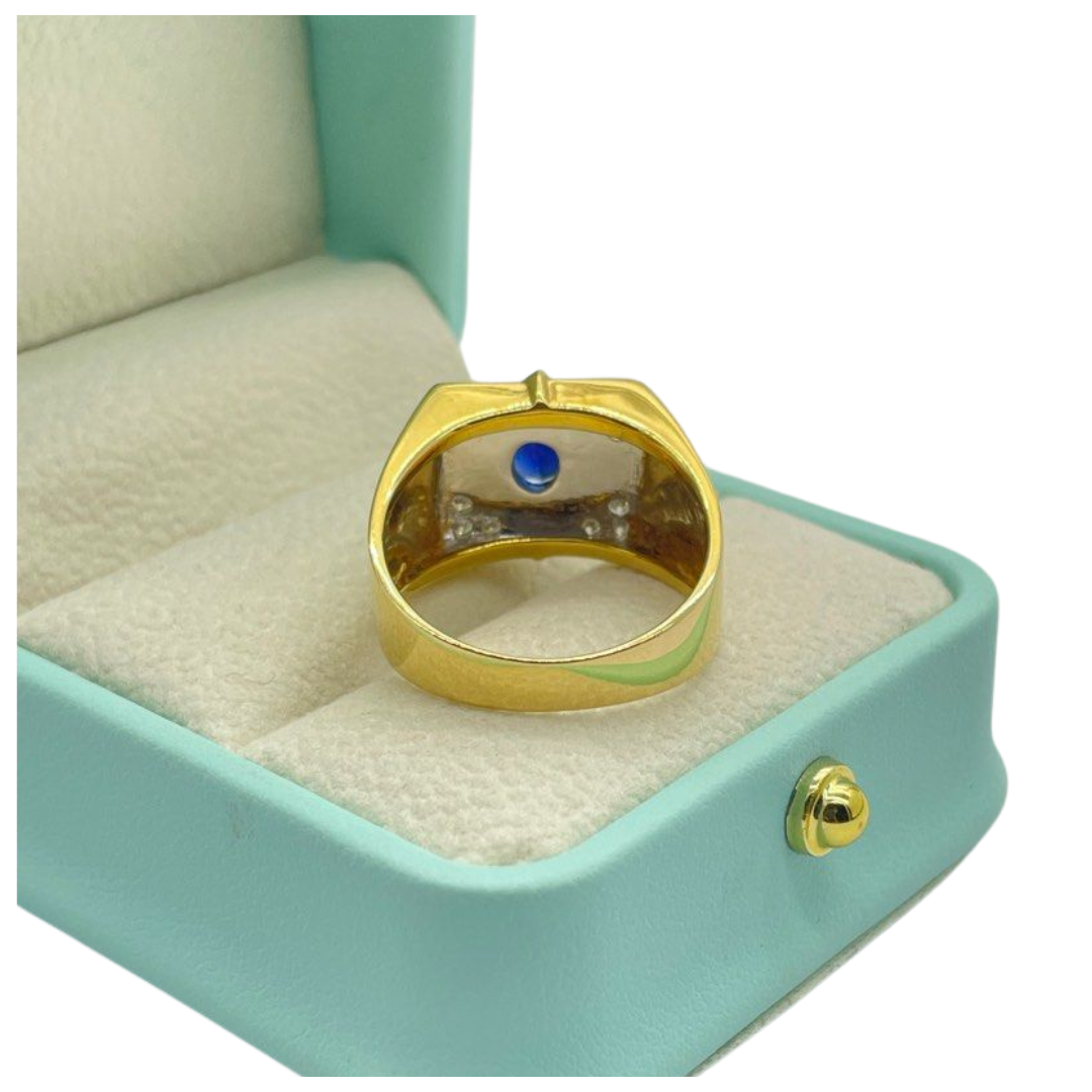 18K Yellow Gold Blue Sapphire & Diamond Men’s Ring