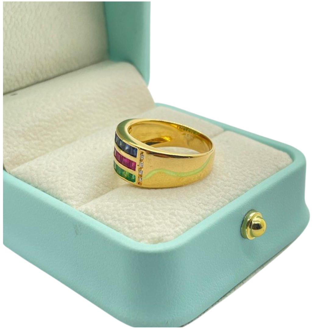 750 Yellow Gold Natural Ruby, Sapphire, Emerald, Diamond Ring