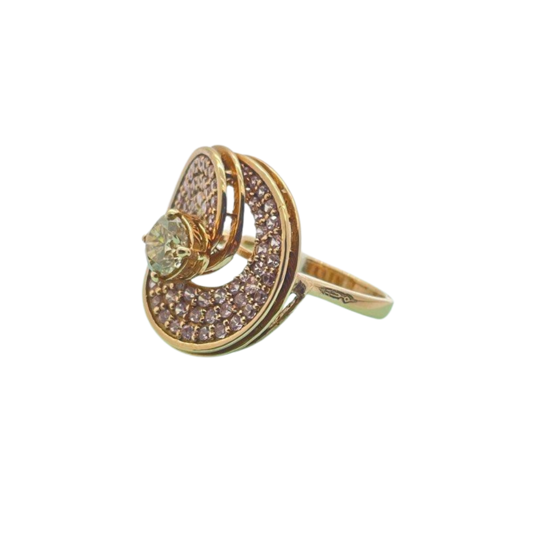 18K Yellow Gold Pink Stone & Diamond Ladies Ring