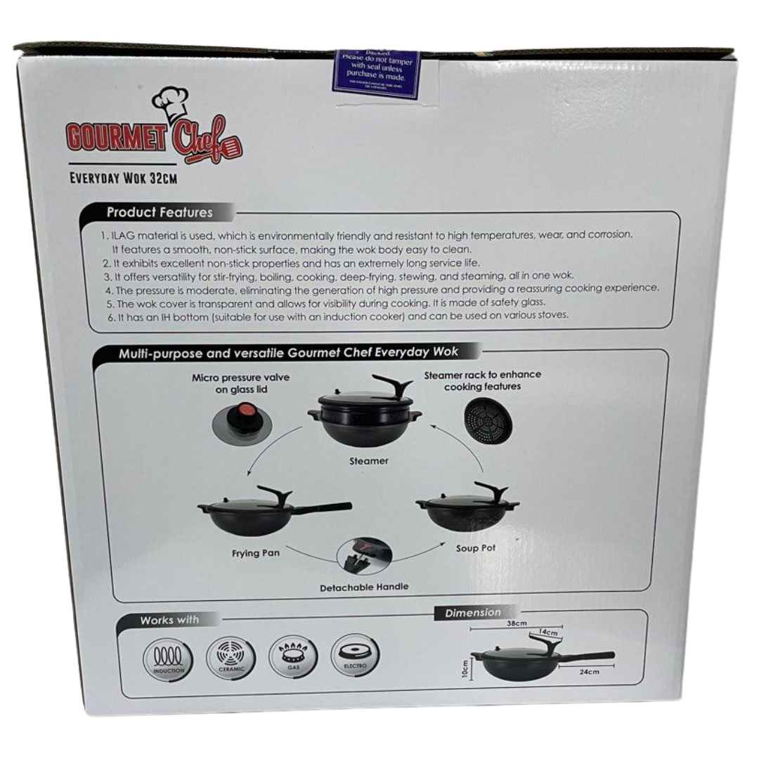 Gourmet Chef Everyday Wok 32Cm | Free Steamer Rack