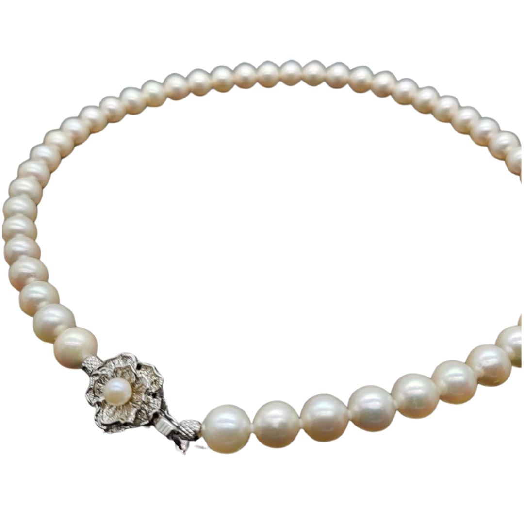 Natural White Pearl Necklace (8.1 - 8.4mm) W/Silver Clasp, L43cm W/Cert