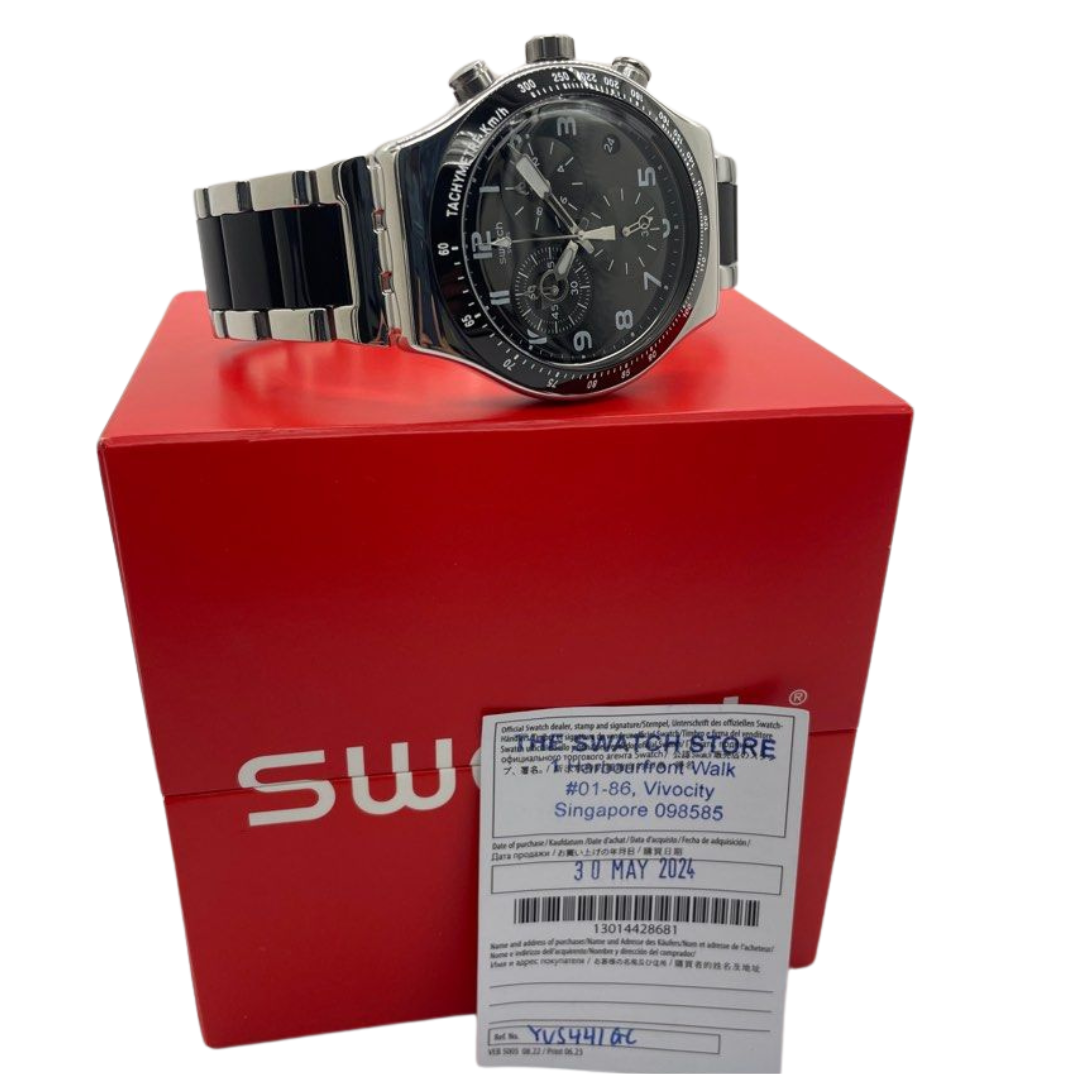 Swatch Irony 43mm Quartz Chronograph Black Dial Watch YVS441G