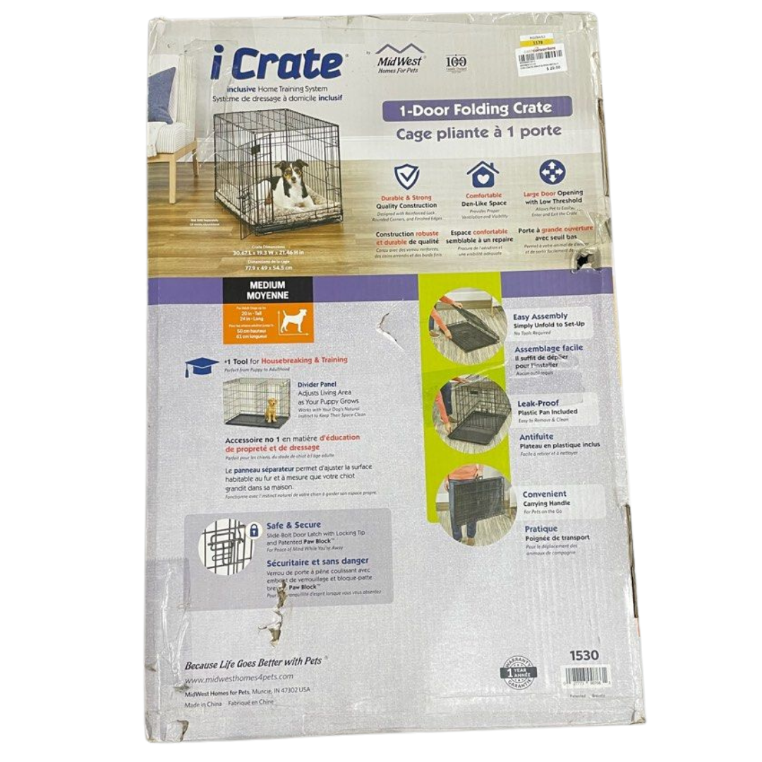 MidWest iCrate 30" Folding Metal Dog Crate w/Divider Panel, Floor Protecting "Roller" Feet & Leak-Proof Plastic Tray; 30L x 19W x 21H Inches, Medium Dog Breed