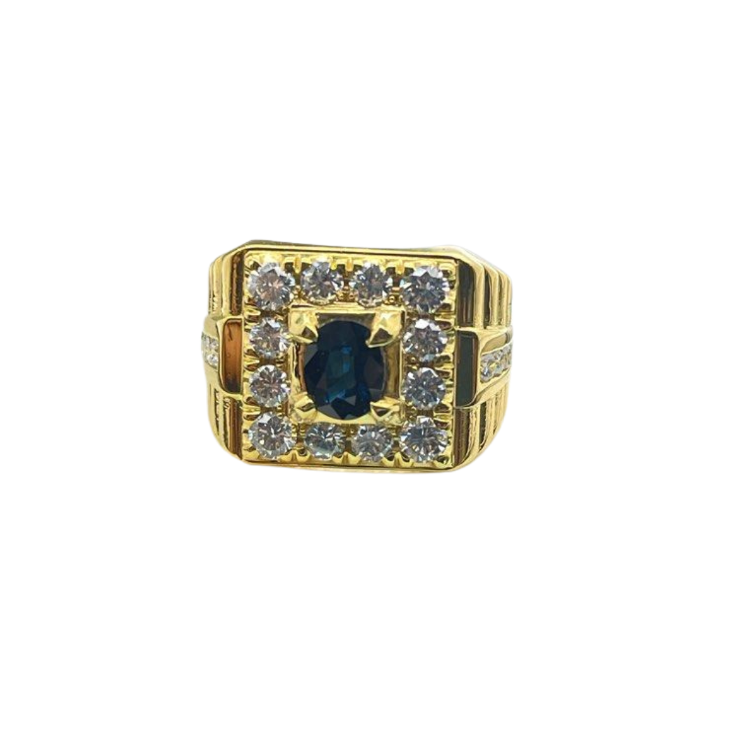 20K Yellow Gold Blue Sapphire & Diamond Men’s Ring