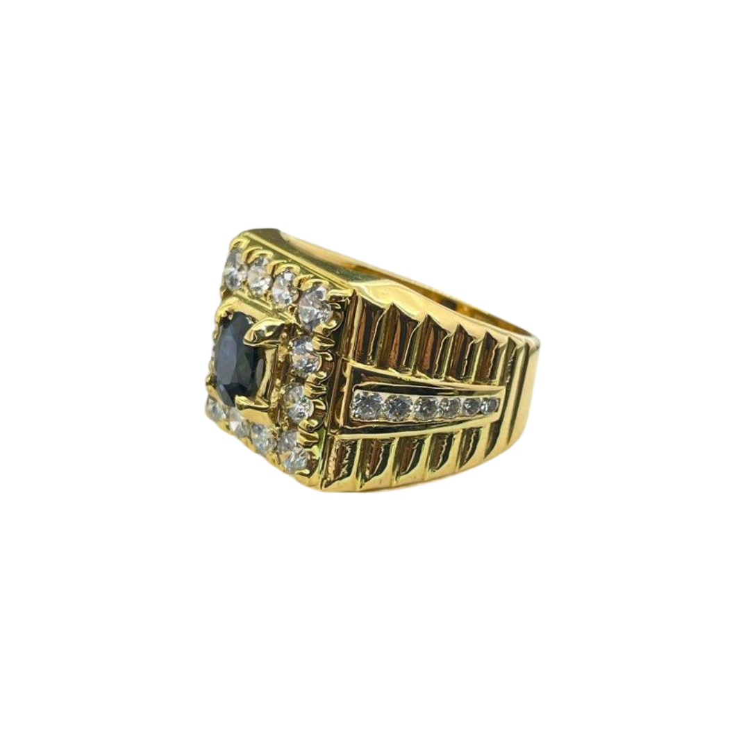 20K Yellow Gold Blue Sapphire & Diamond Men’s Ring