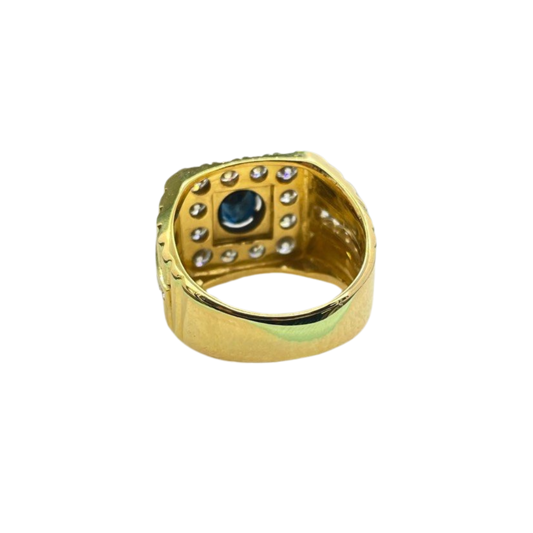20K Yellow Gold Blue Sapphire & Diamond Men’s Ring