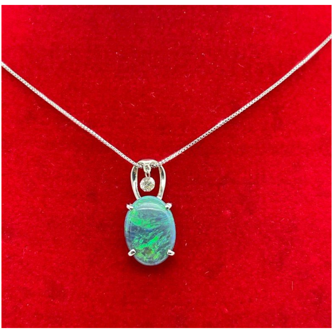 18K White Gold Natural Opal & Diamond Necklace