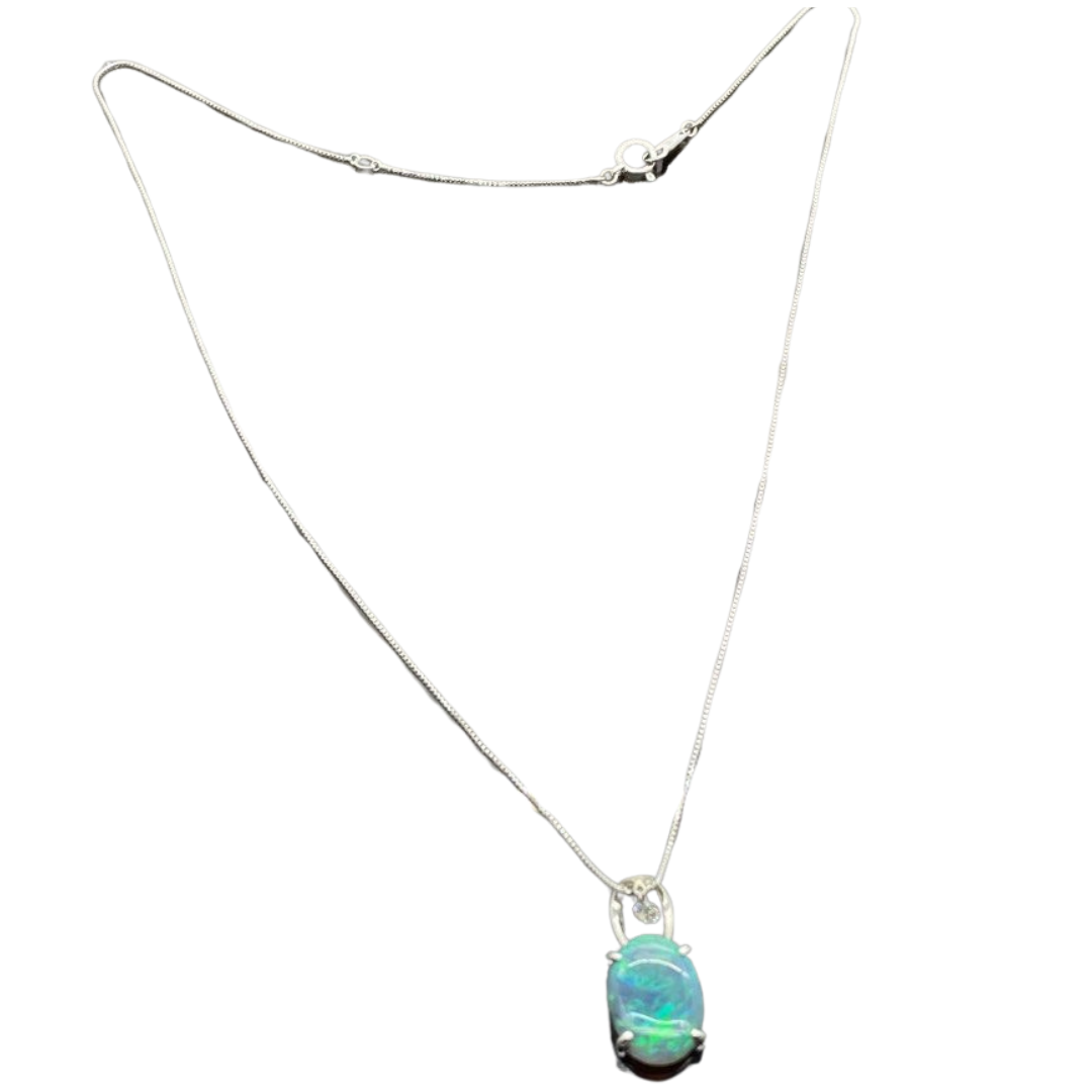 18K White Gold Natural Opal & Diamond Necklace