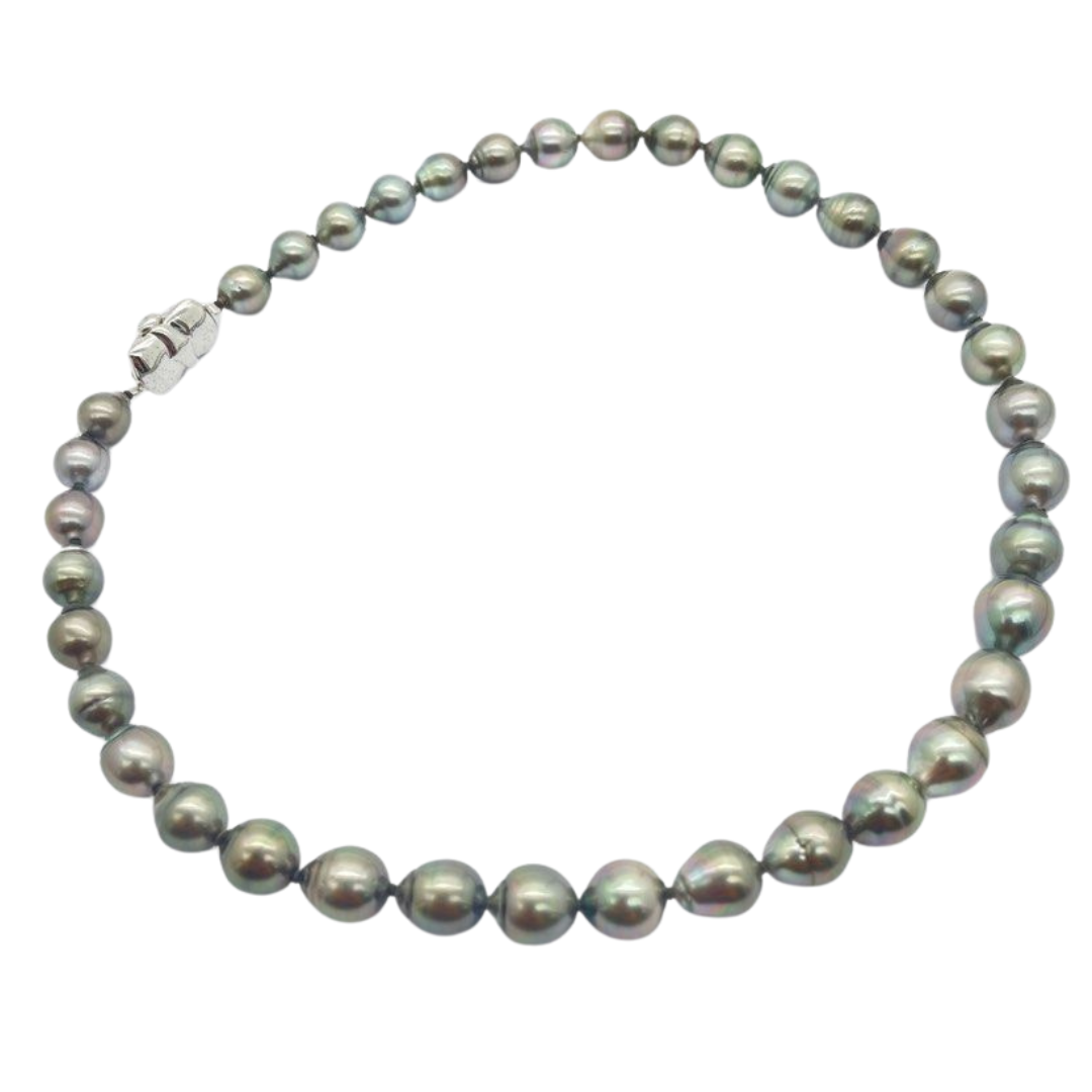 Black Baroque Pearls Necklace, Silver Clasp