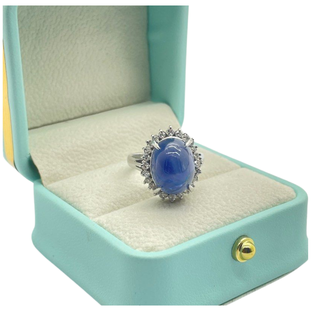 PT900 Un-Heated Natural Blue Star Sapphire & Diamond Ring