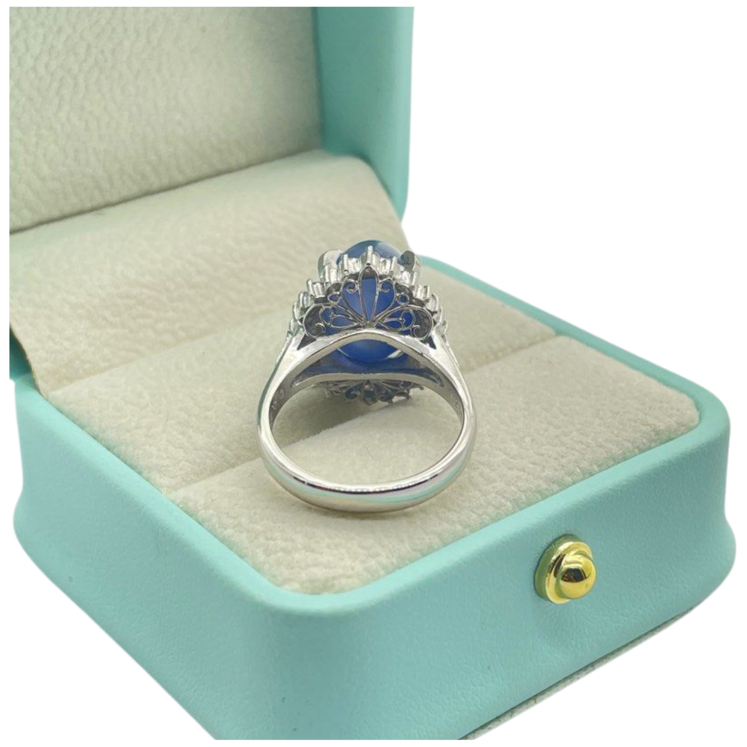 PT900 Un-Heated Natural Blue Star Sapphire & Diamond Ring