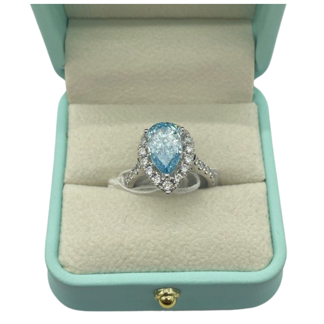 18K White Gold Lab-Grown Fancy Blue Diamond Ring w/Cert, D1=3.02carat, VS1