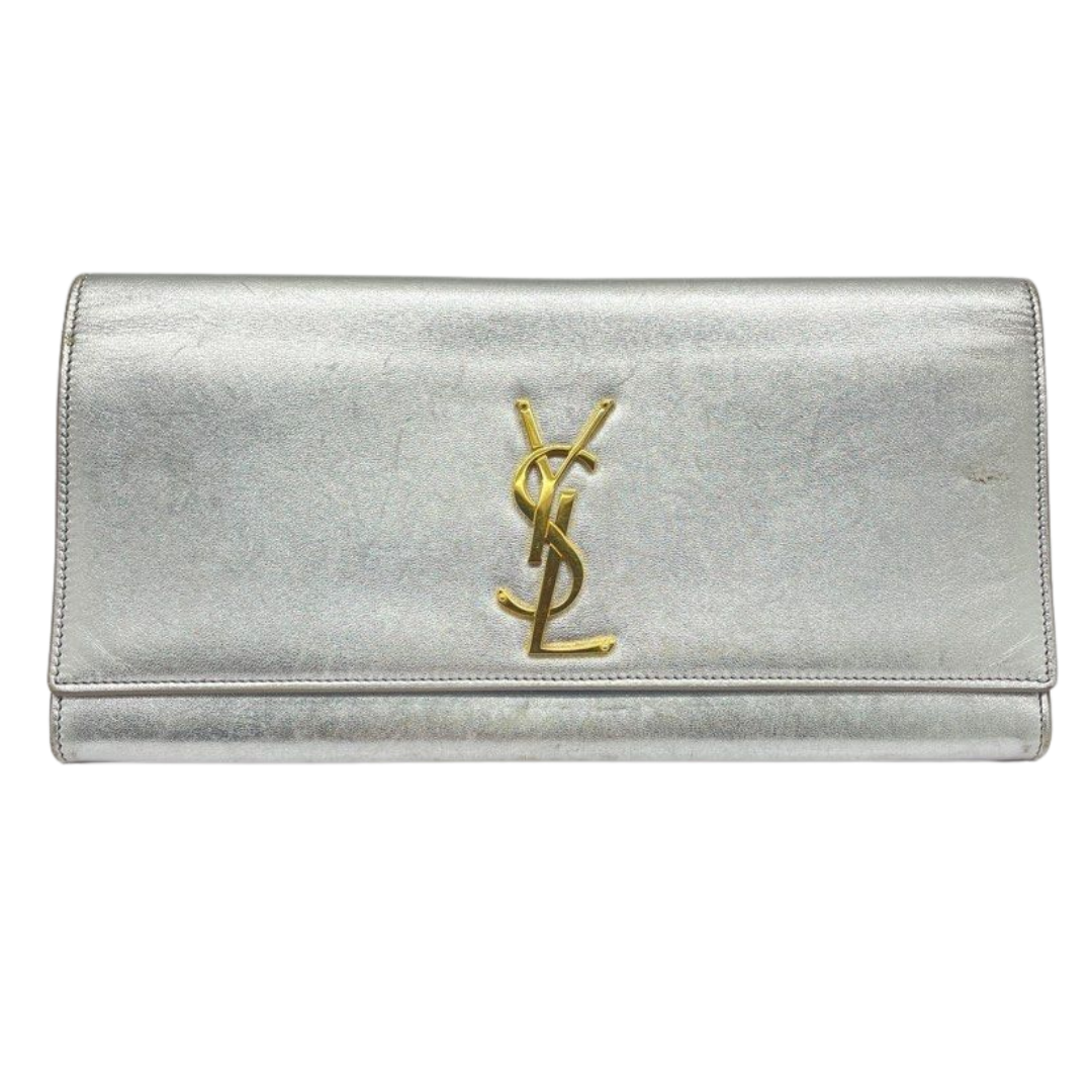 YSL Yves Saint Lauren Silver Metallic Leather Clutch Bag