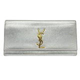 YSL Yves Saint Lauren Silver Metallic Leather Clutch Bag