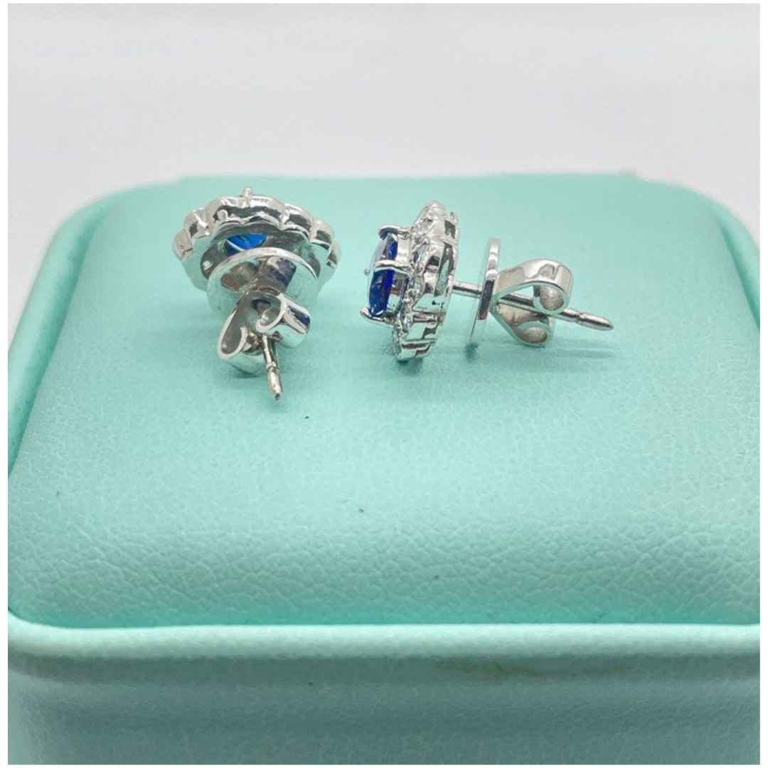 14K White Gold Blue Sapphire (Royal Blue) & Diamond Earring w/Cert