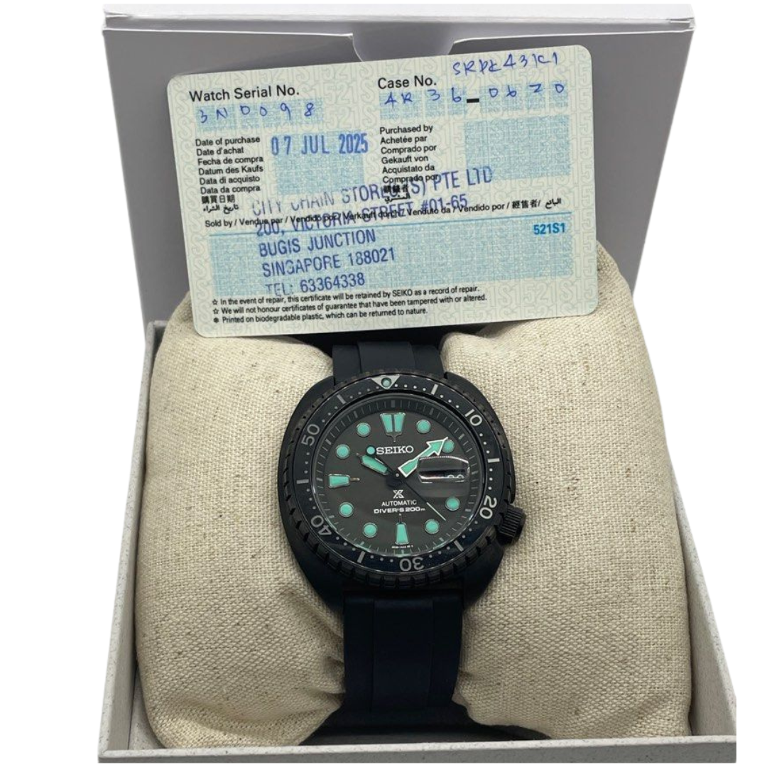 Seiko Prospex SRPK43K1 45mm Black Series Night Vision Turtle Divers Automatic Watch