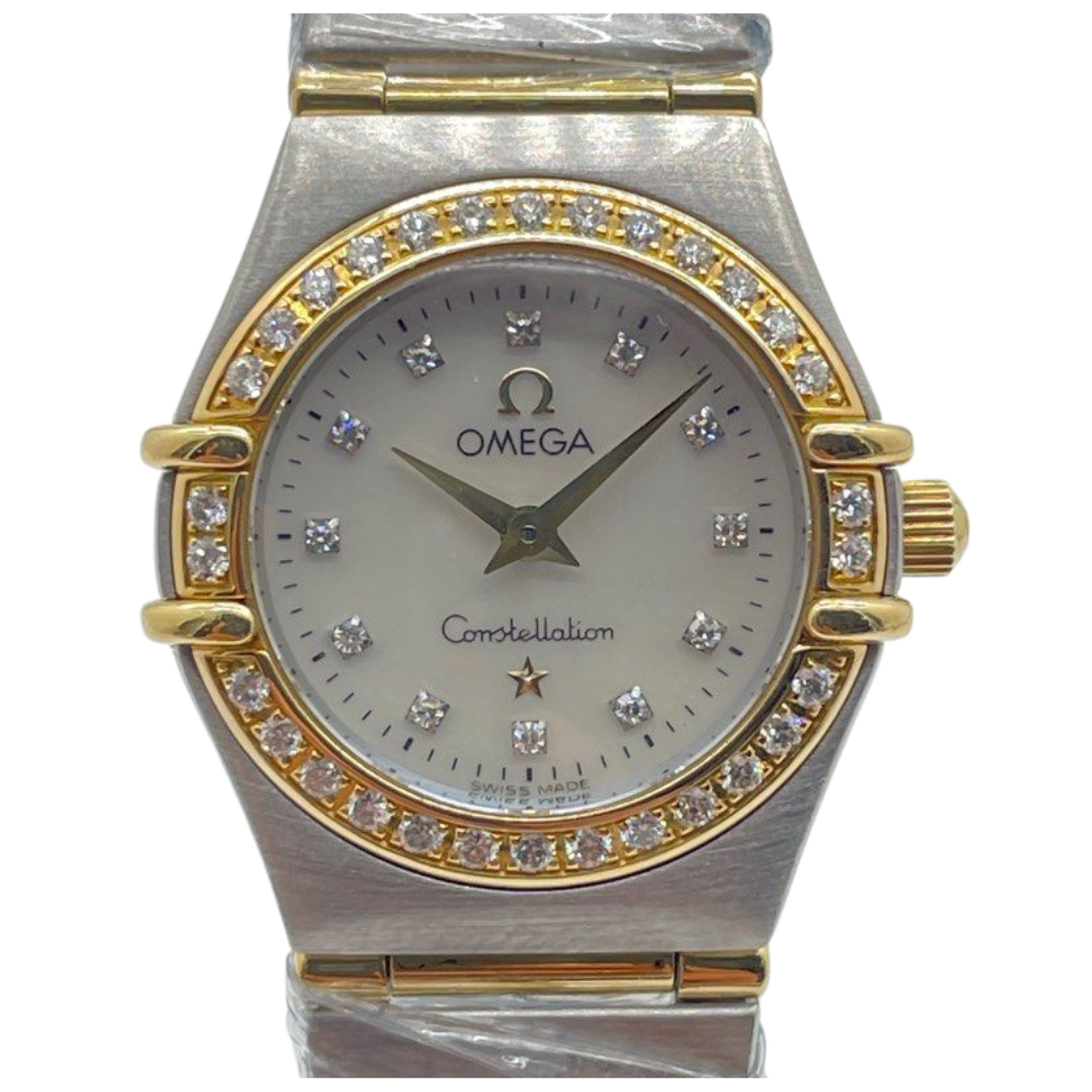 Omega Constellation 22.5mm Quartz Half Gold Diamond White Mother of Pearl Dial Watch
