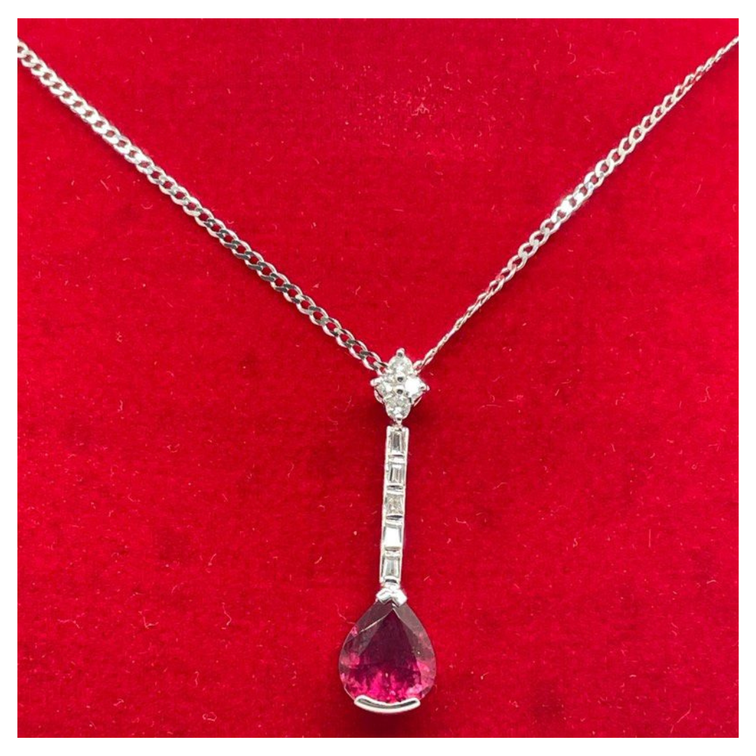 18K White Gold Natural Rubellite & Diamond Necklace