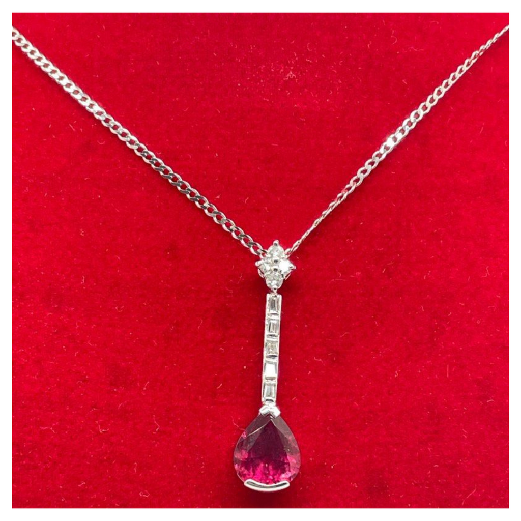 18K White Gold Natural Rubellite & Diamond Necklace