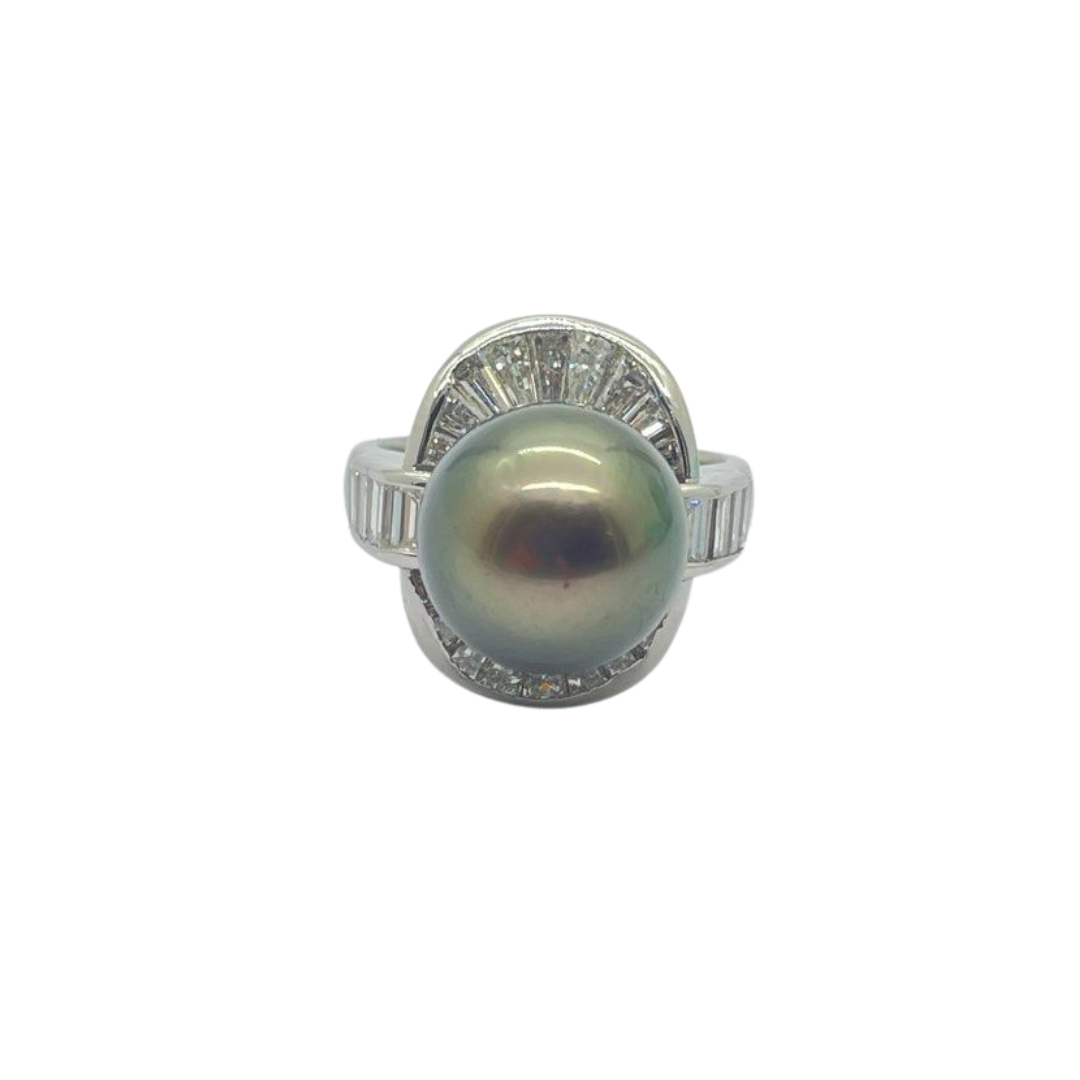 PT900 Natural Black South Sea Pearl & Diamond Ladies Ring