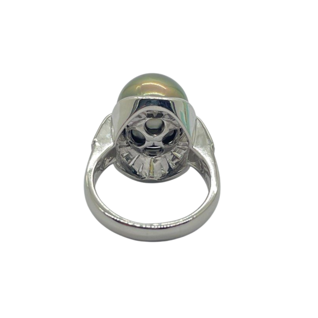 PT900 Natural Black South Sea Pearl & Diamond Ladies Ring