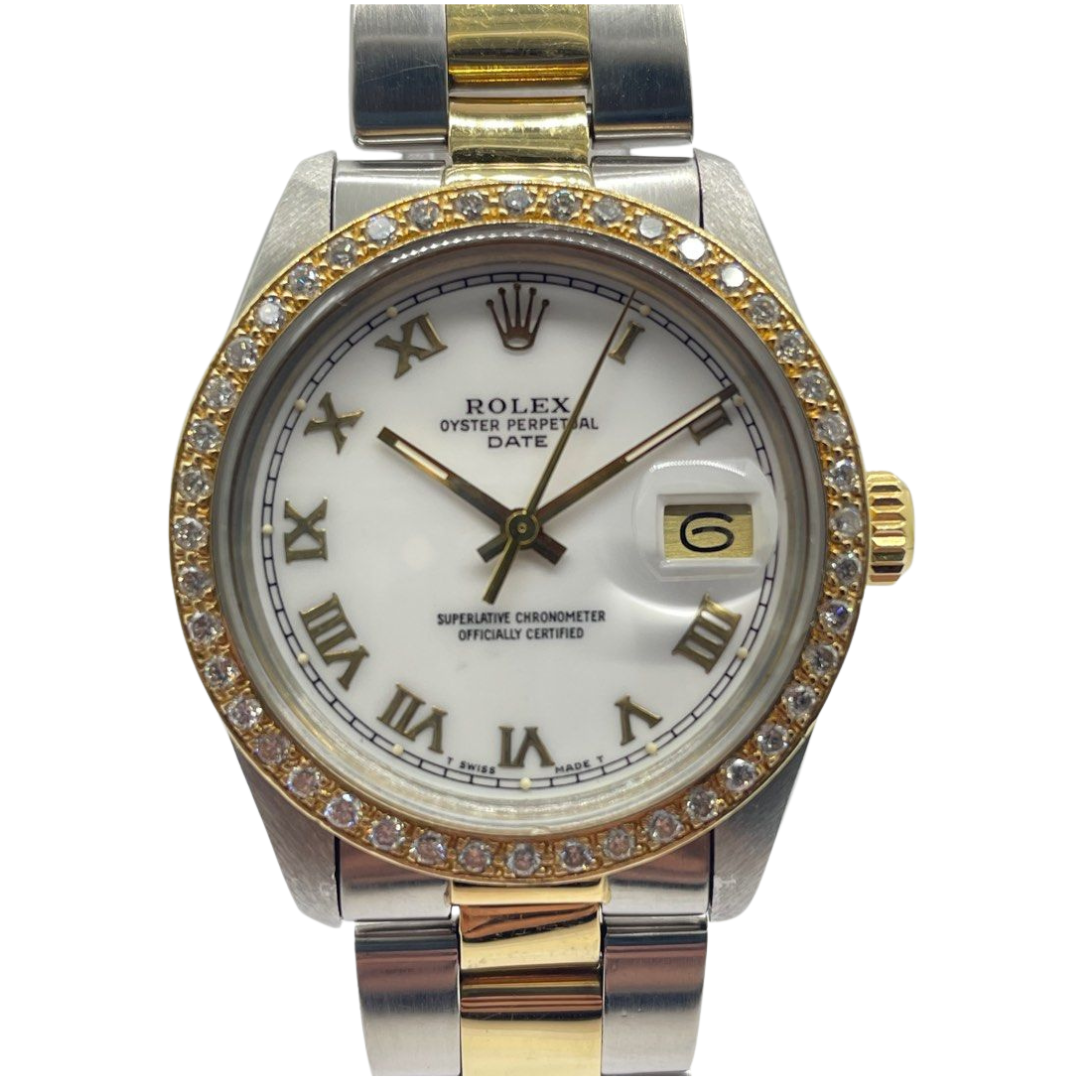 Rolex Oyster Perpetual Date 1505 34mm Automatic Half Gold Roman White Dial Watch