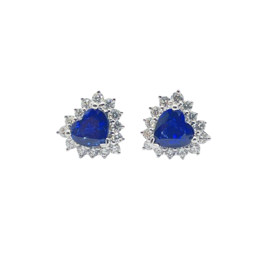 18K White Gold Natural Blue Sapphire (Royal Blue) & Diamond Earring