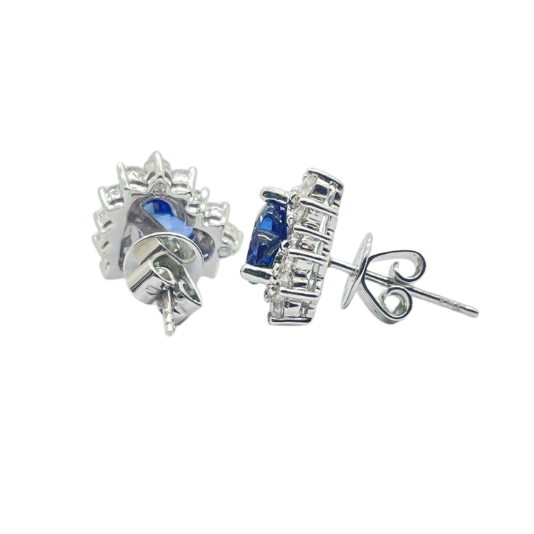 18K White Gold Natural Blue Sapphire (Royal Blue) & Diamond Earring