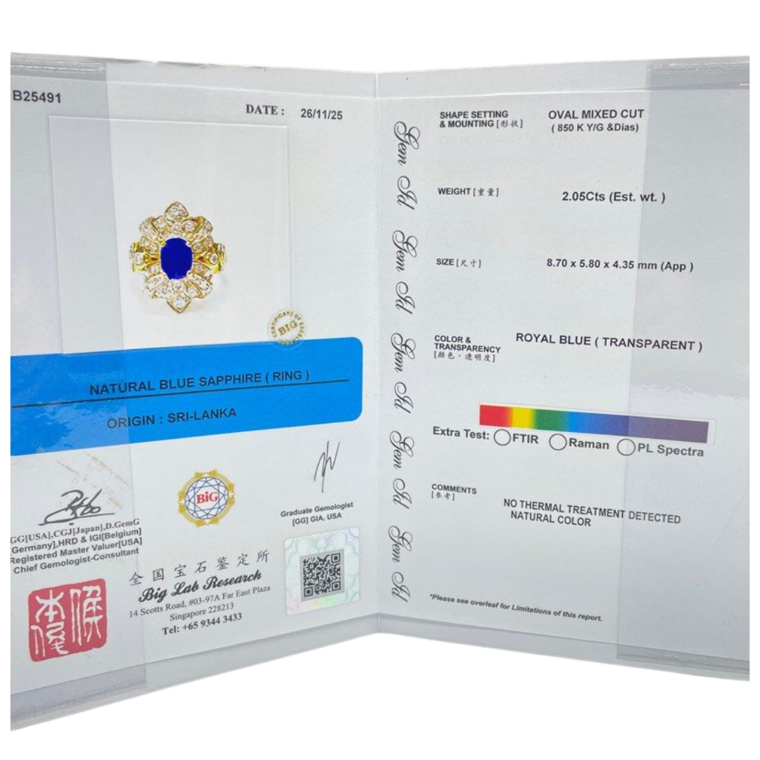 850 Yellow Gold Un-Heated Natural Blue Sapphire (Royal Blue) & Diamond Ring