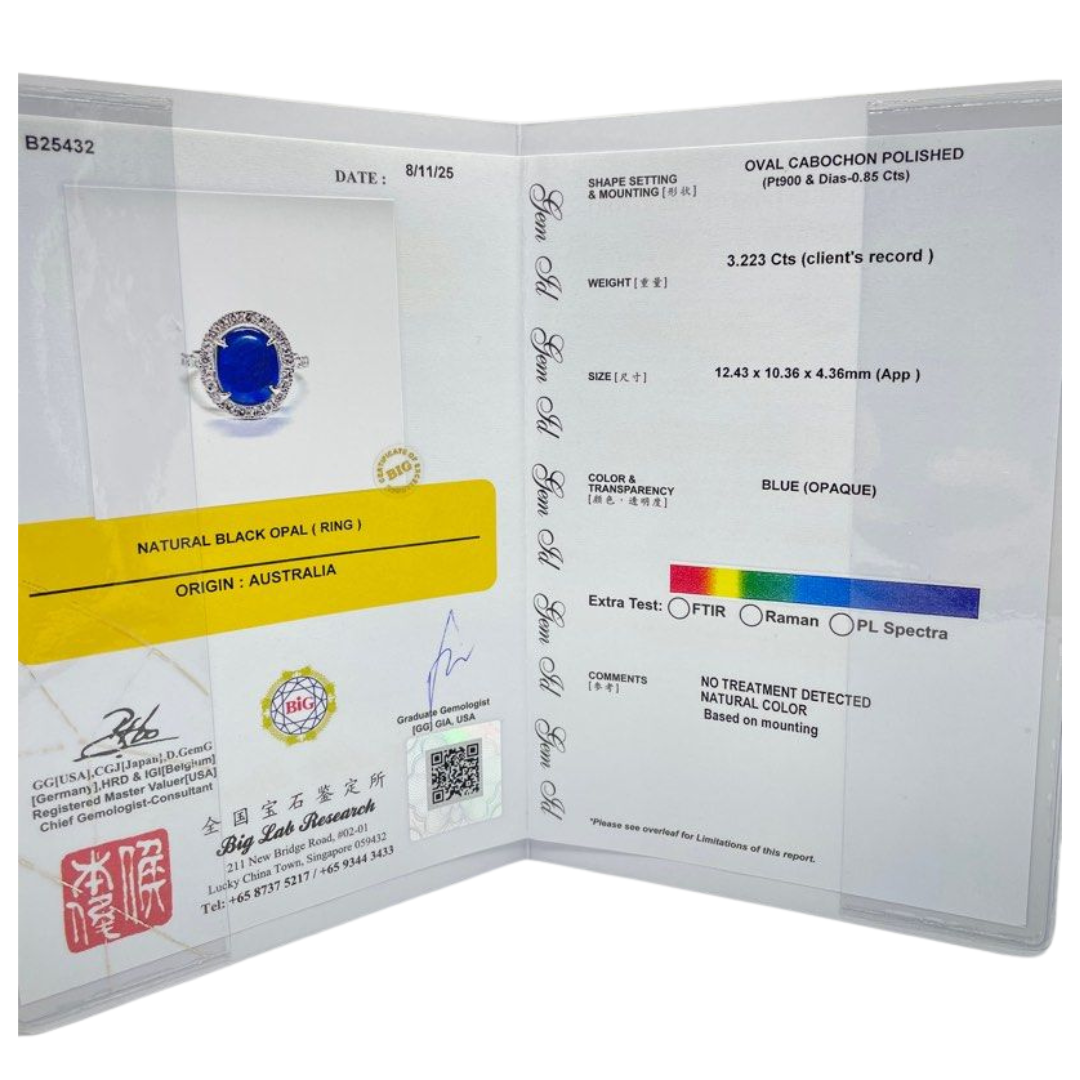 PT900 Natural Black Opal & Diamond Ring