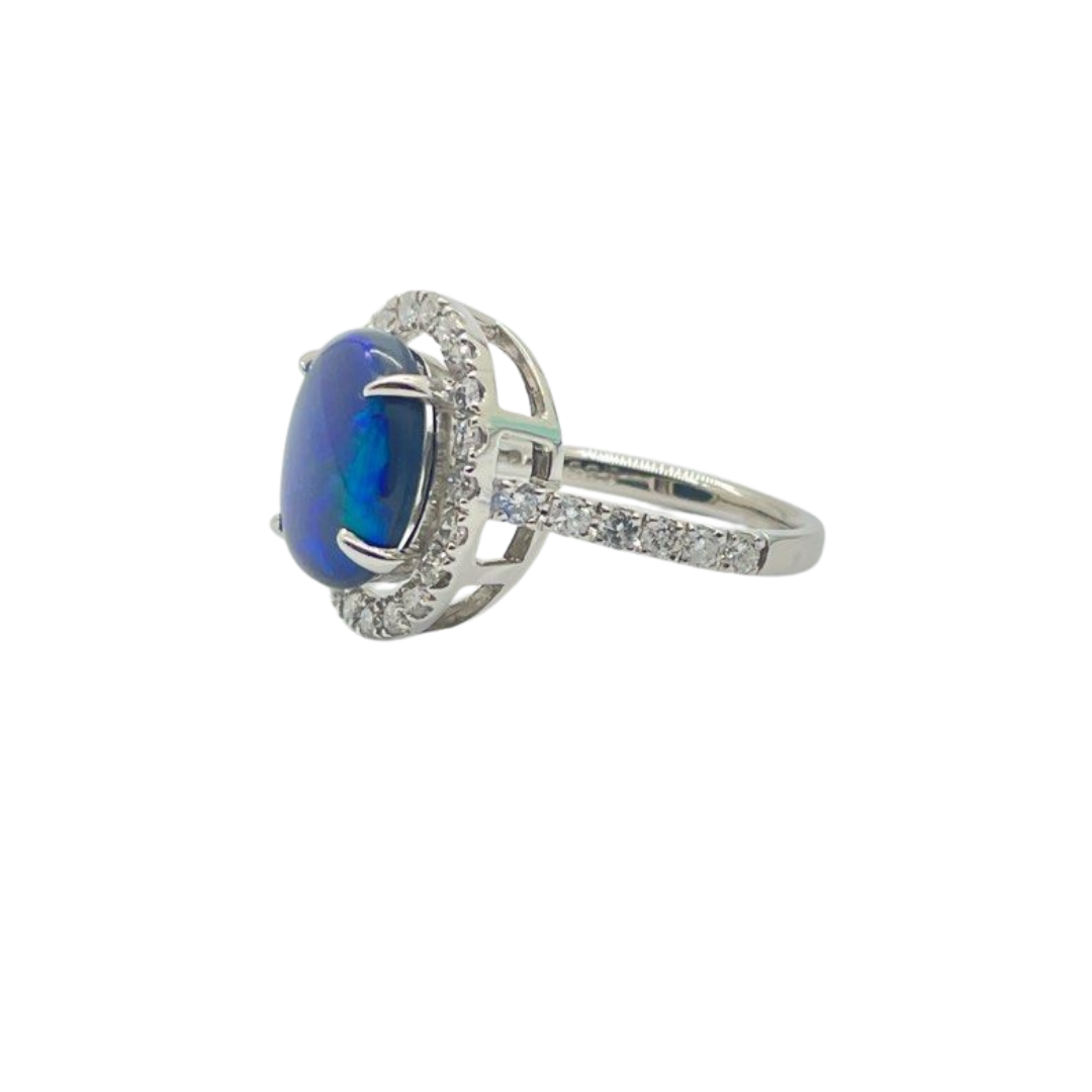 PT900 Natural Black Opal & Diamond Ring