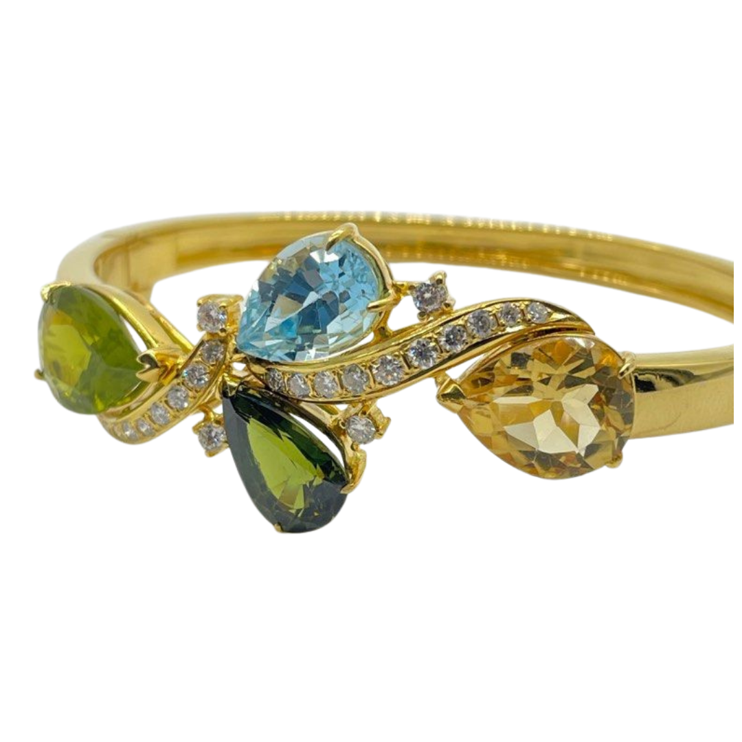 18K Yellow Gold Natural Diamond , Aquamarine , Tourmaline, Peridot, Citrine Bangle