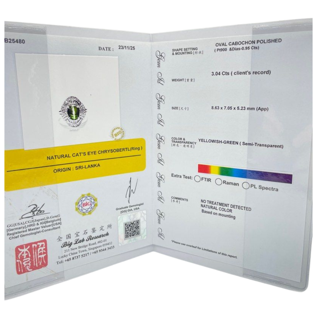 PT900 Natural Cat’s Eye Chrysoberyl & Diamond Ring