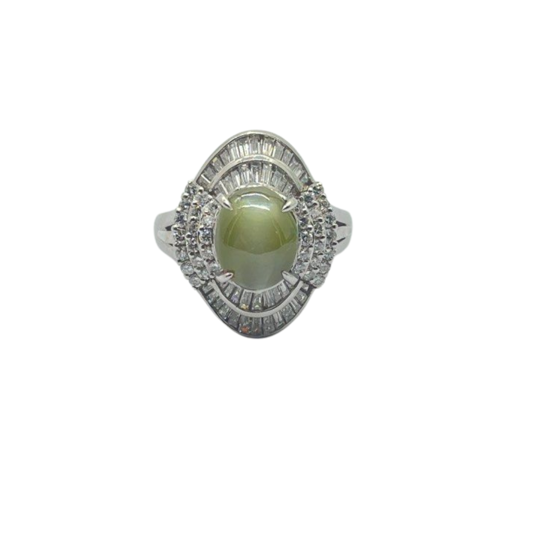 PT900 Natural Cat’s Eye Chrysoberyl & Diamond Ring