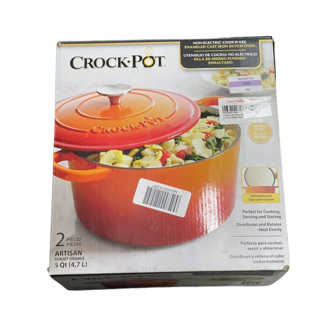 CROCK POT 109469.02 Artisan 5 Quart Round Enameled Cast Iron Dutch Oven, Sunset Orange