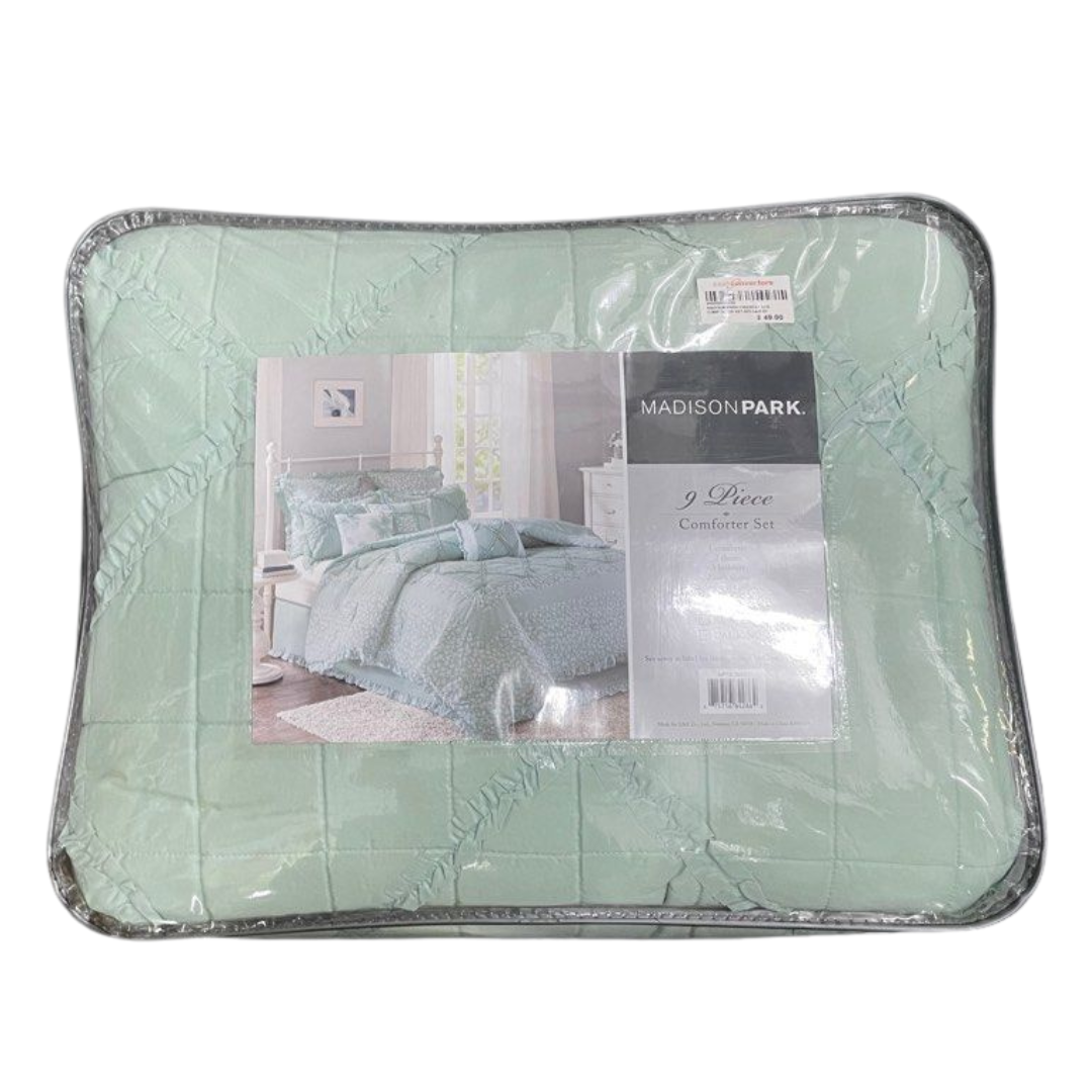 Madison Park Cotton Comforter Set - Shabby Chic Cottage Design Cottage Design All Season Down Alternative Bedding, Matching Shams, Bedskirt, Decorative Pillows, Queen (90 in x 90 in) Seafoam 9 Piece
