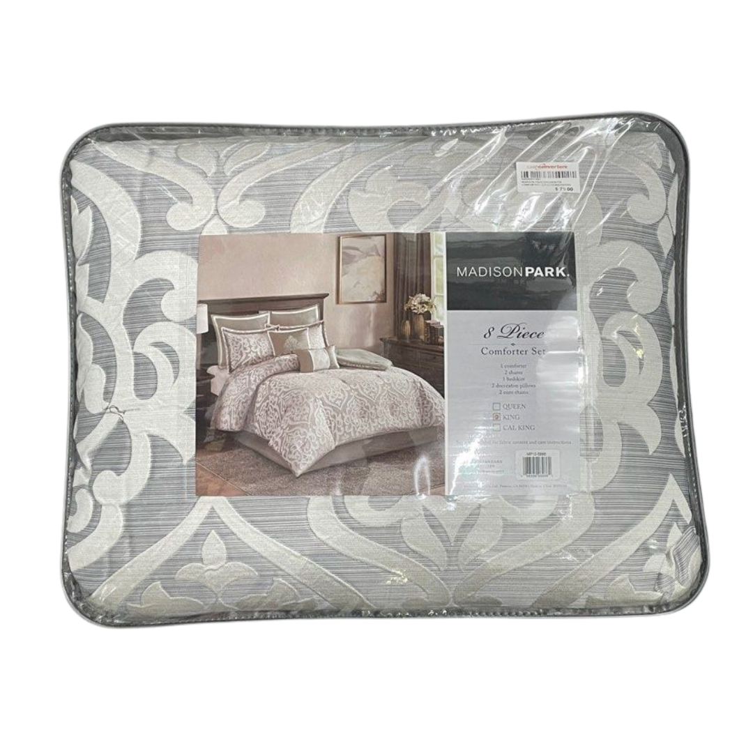 Madison Park Odette Cozy Comforter Set Jacquard Damask Medallion Design - Modern All Season, Down Alternative Bedding, Shams, Decorative Pillows, King(104 in x 92 in), Silver 8 Piece