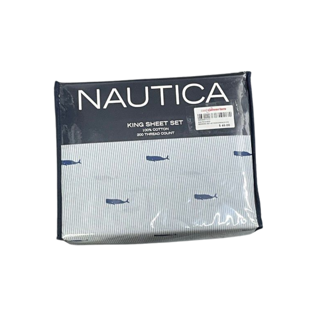 Nautica - King Sheet Set, Cotton Percale Bedding Set, Crisp & Cool, Lightweight & Breathable (Whale Stripe Blue, King)